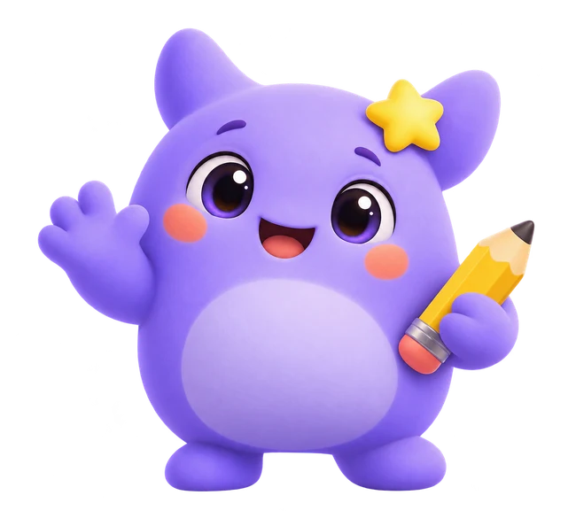 A smiling purple friend waving and holding a pencil
